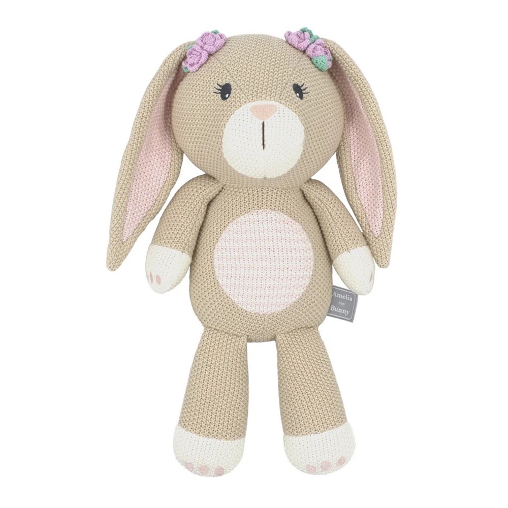 🆕 Living Textiles Cotton Knit Rattle Plush Bunny Stuffed Toy Beige Pink